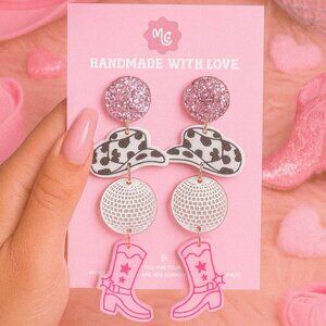 Pink Cowgirl Disco Earrings | Western Glam Statement Jewelry